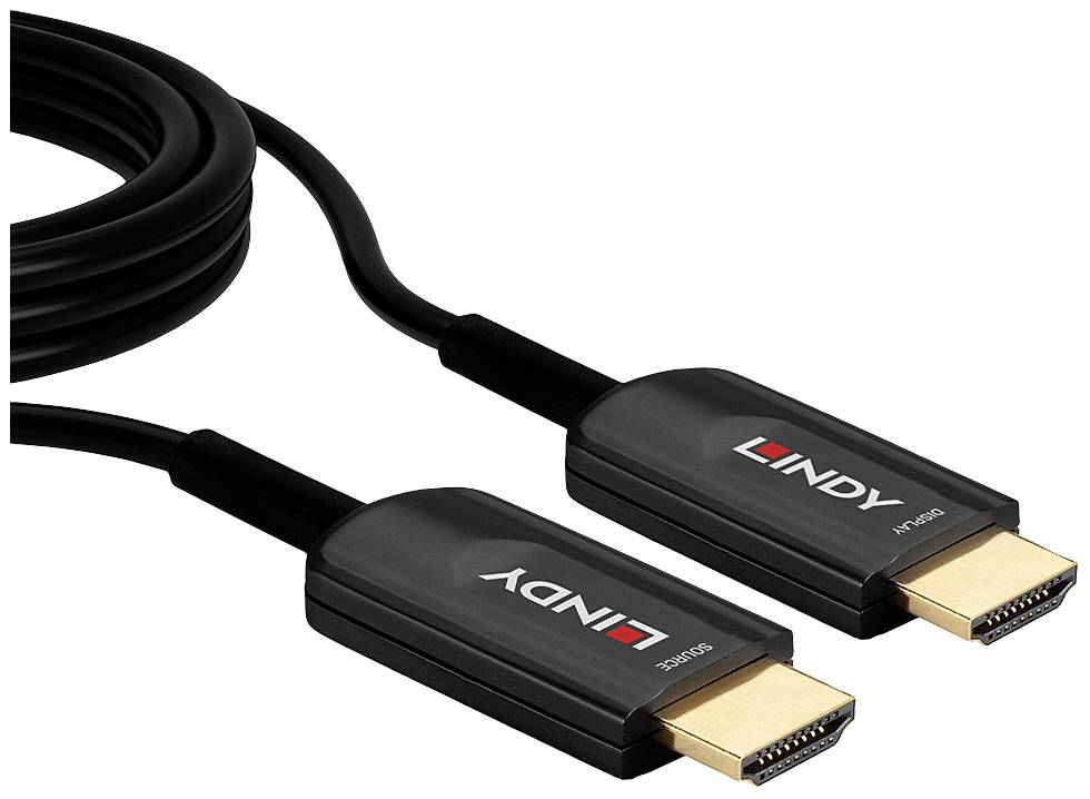 Schwarzes HDMI-Kabel mit zwei goldfarbenen Steckern. Beide Stecker sind mit dem Markennamen bedruckt. Ideal für Video- und Audioverbindungen.