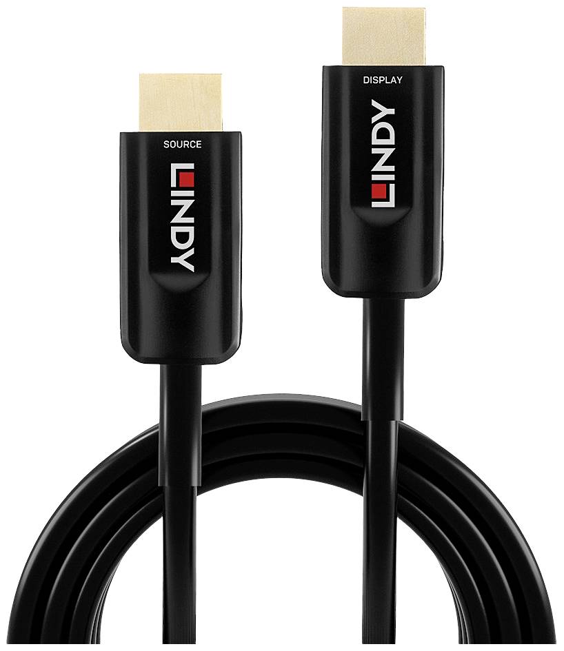 HDMI-Kabel mit zwei schwarzen Steckern, einer mit 'Display' und der andere mit 'Source' beschriftet, beide mit Firmenlogo.