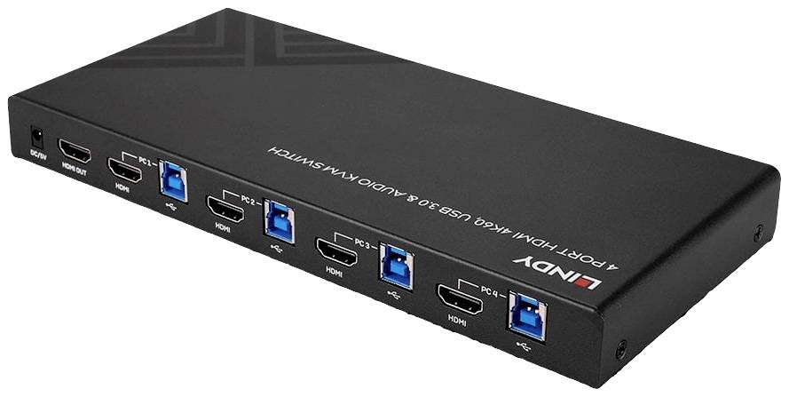 Ein 4-Port HDMI KVM-Umschalter der Marke Lindy, ausgestattet mit HDMI- und USB-3.0-Anschlüssen zum Verbinden mehrerer Computer.