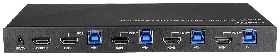 'HDMI USB KVM Switch' mit vier HDMI- und USB-Anschlüssen, beschriftet als 'PC 1' bis 'PC 4', auf schwarzem Gerät.