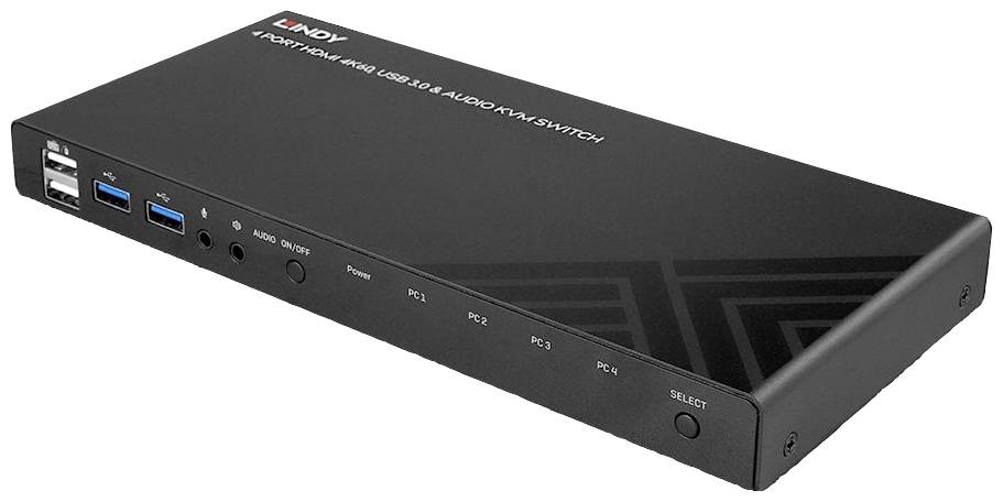 Ein schwarzer KVM-Switch mit mehreren USB-Anschlüssen und Bedienelementen, kennzeichnet mit '4 Port HDMI 4K@60 USB 3.0 Audio KVM Switch'.