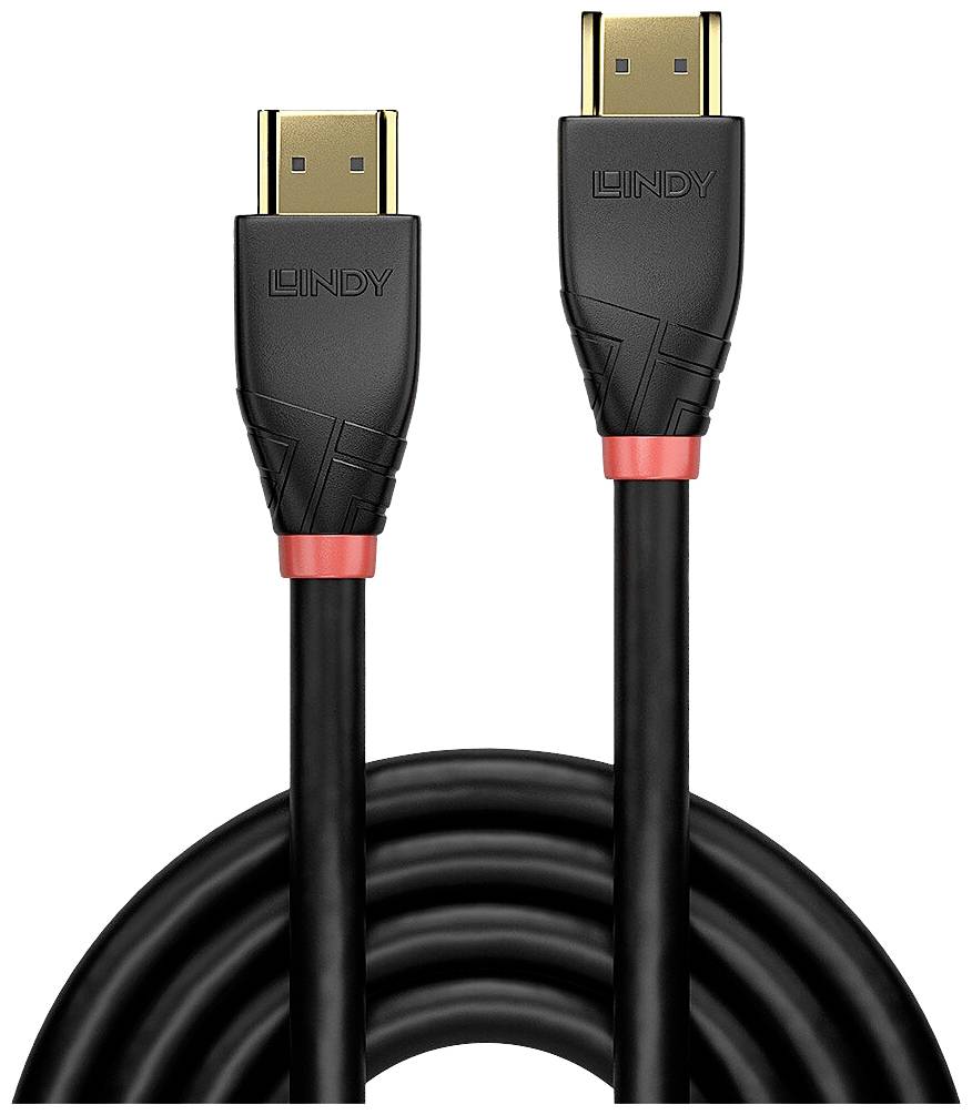 Schwarzes HDMI-Kabel mit zwei Steckern, verziert mit rotem Ring und goldenen Kontakten. Marke 'Lindy' ist auf den Steckern eingraviert.