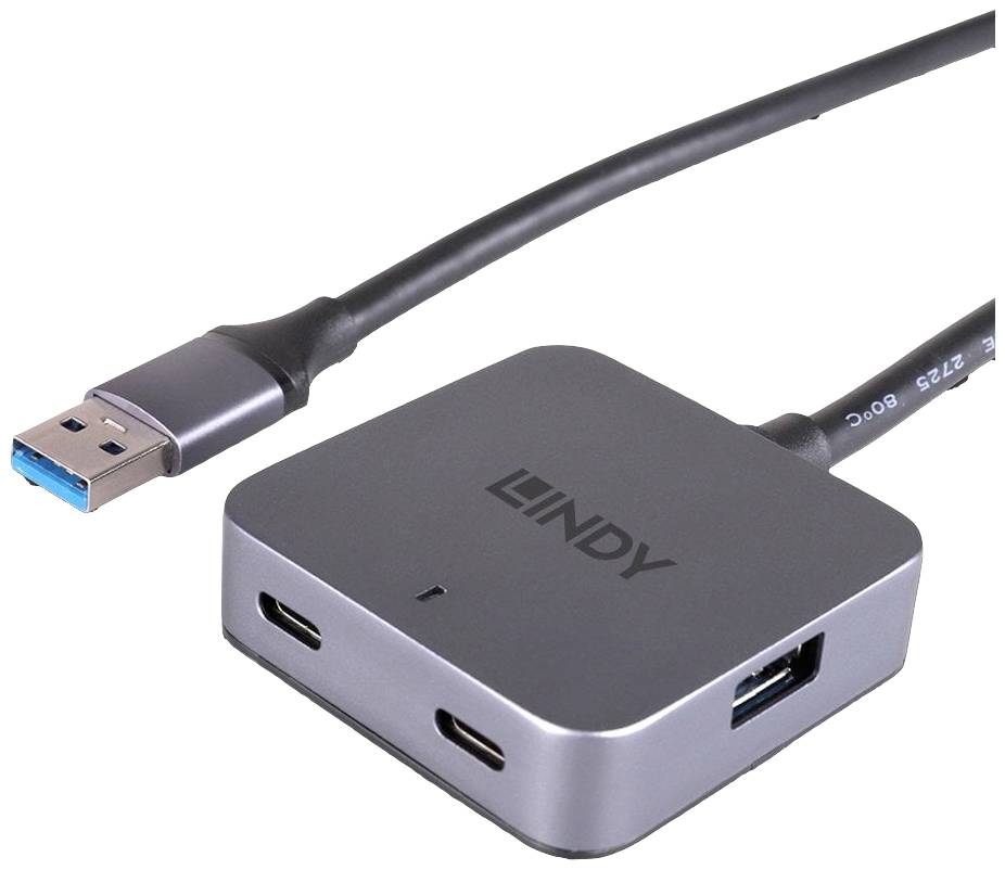 Mehrfach-USB-Hub mit Kabel, enthält zwei USB-C-Anschlüsse und einen USB-A-Anschluss. Markenlogo oben.