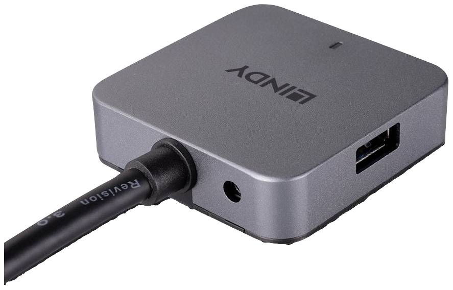Ein quadratischer USB-Hub mit 'LINDY'-Logo, einem USB-Anschluss an der Seite und einem angeschlossenen Kabel an der Vorderseite.