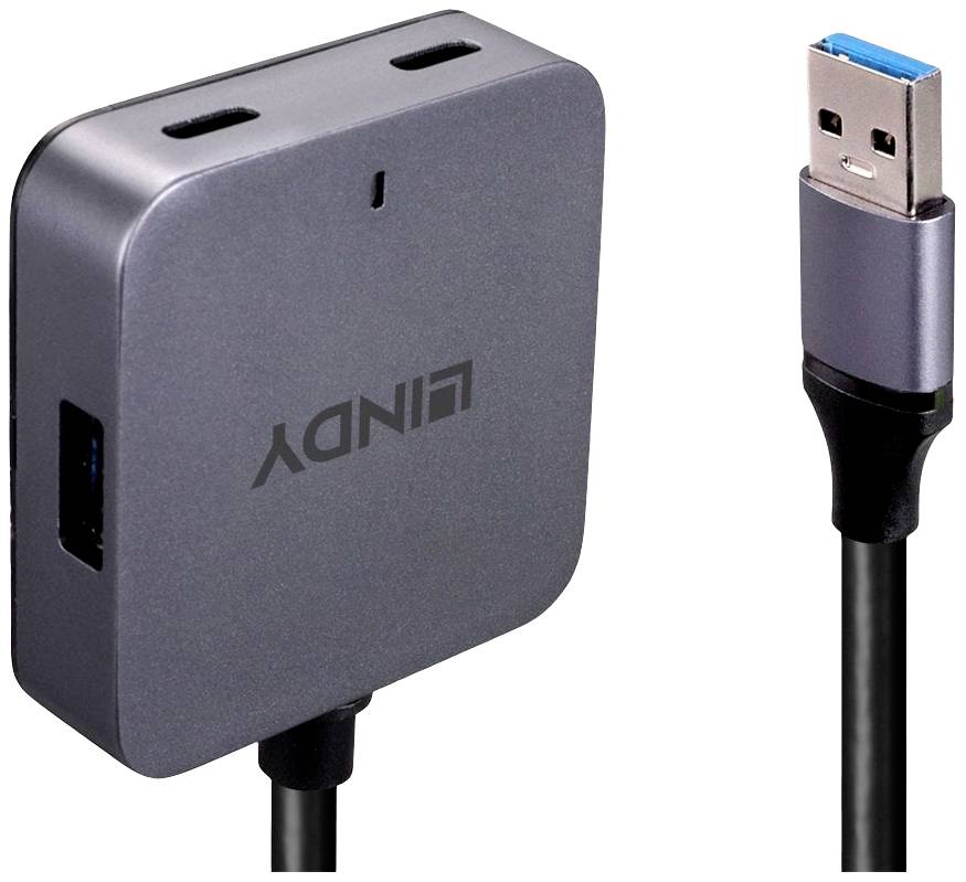 Ein kompakter USB-Hub mit zwei USB-C- und einem USB-A-Anschluss, verbunden mit einem USB-A-Kabel. Geeignet für Computerzubehör.