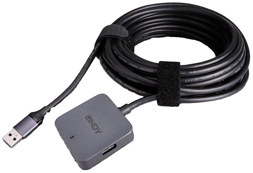Ein langes, schwarzes USB-Kabel mit einem USB-A-Stecker und einem HDMI-Ausgang. Mit einem Klettverschluss zur Kabelführung.