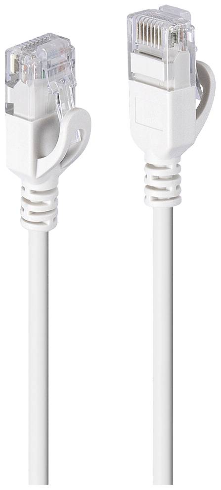 Zwei weiße Ethernet-Kabel mit RJ-45-Steckern, die zur Netzwerkinstallation verwendet werden.