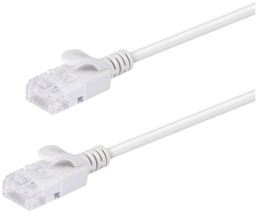 Zwei weiße Ethernet-Kabel mit RJ45-Steckern, die parallel nebeneinander verlaufen, auf einem weißen Hintergrund.