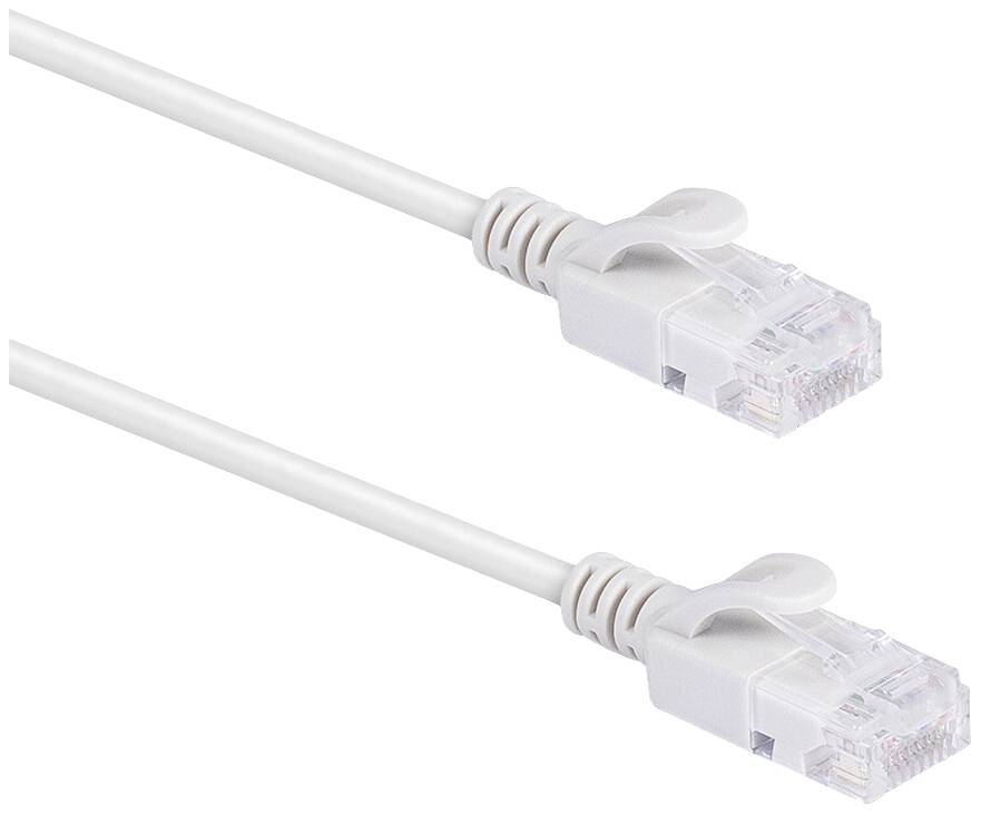 Zwei weiße Ethernet-Kabel mit RJ45-Steckern, die zur Datenübertragung in Netzwerken verwendet werden.