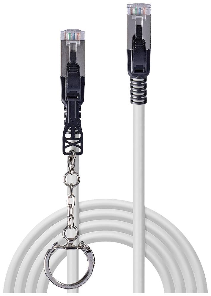 Netzwerkkabel mit zwei RJ45-Steckern. Einer der Stecker ist mit einem kleinen Kettenschlüsselanhänger verbunden.