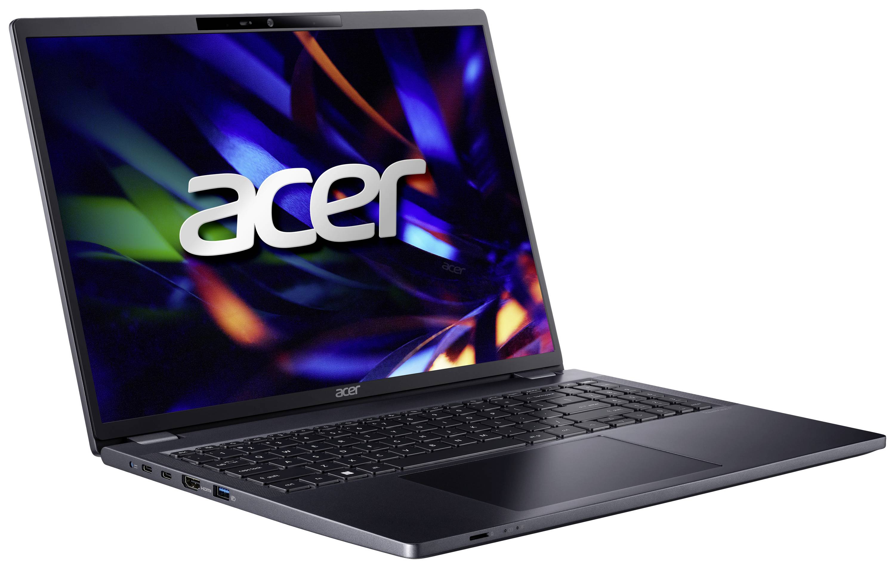 Ein Acer-Laptop mit geöffneter Anzeige zeigt den Startbildschirm mit dem Acer-Logo. Das Gerät befindet sich in einem dunklen Raum.