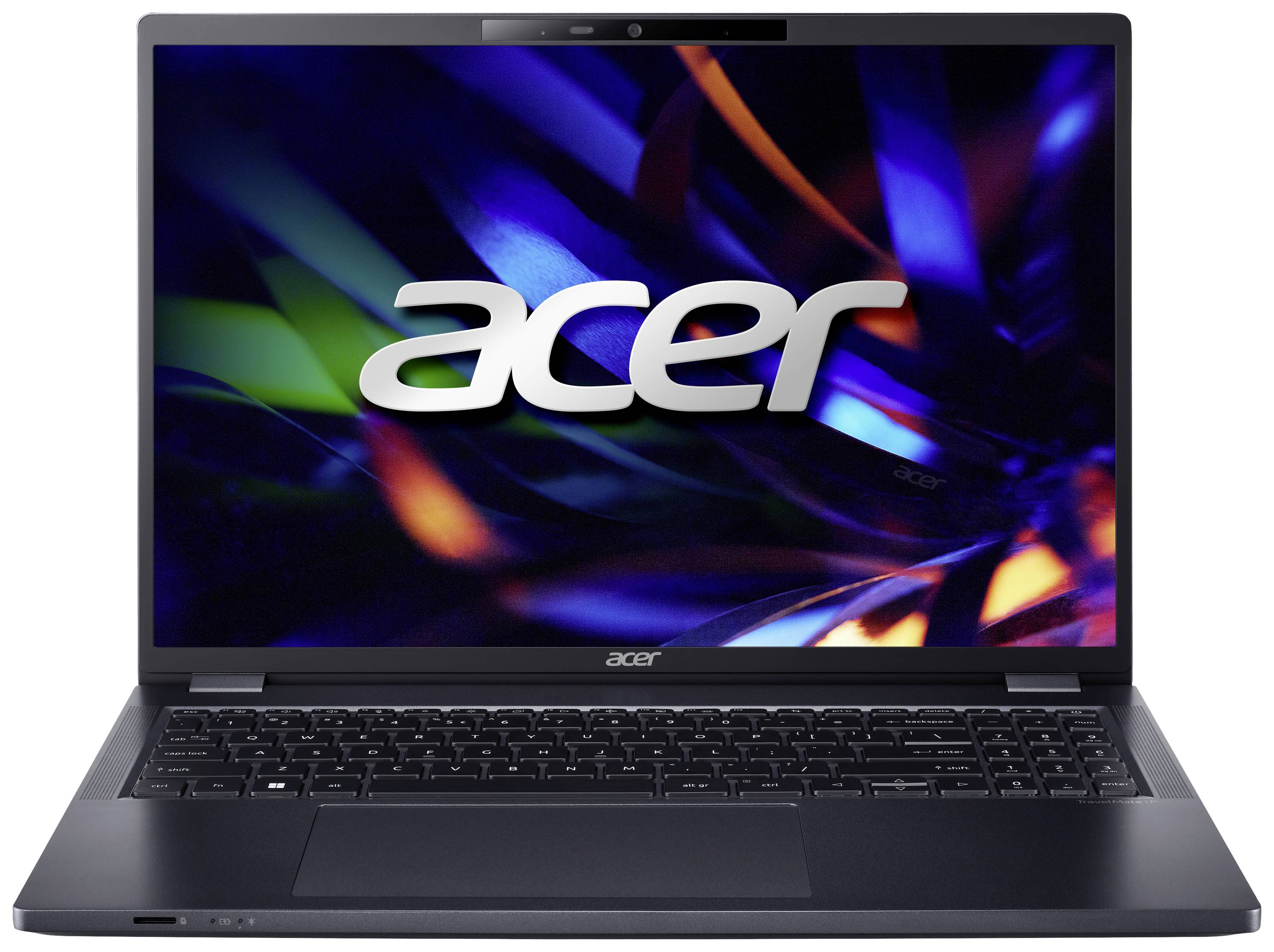 Ein Laptop mit beleuchtetem Bildschirm zeigt das Acer-Logo auf einem farbenfrohen, abstrakten Hintergrund.