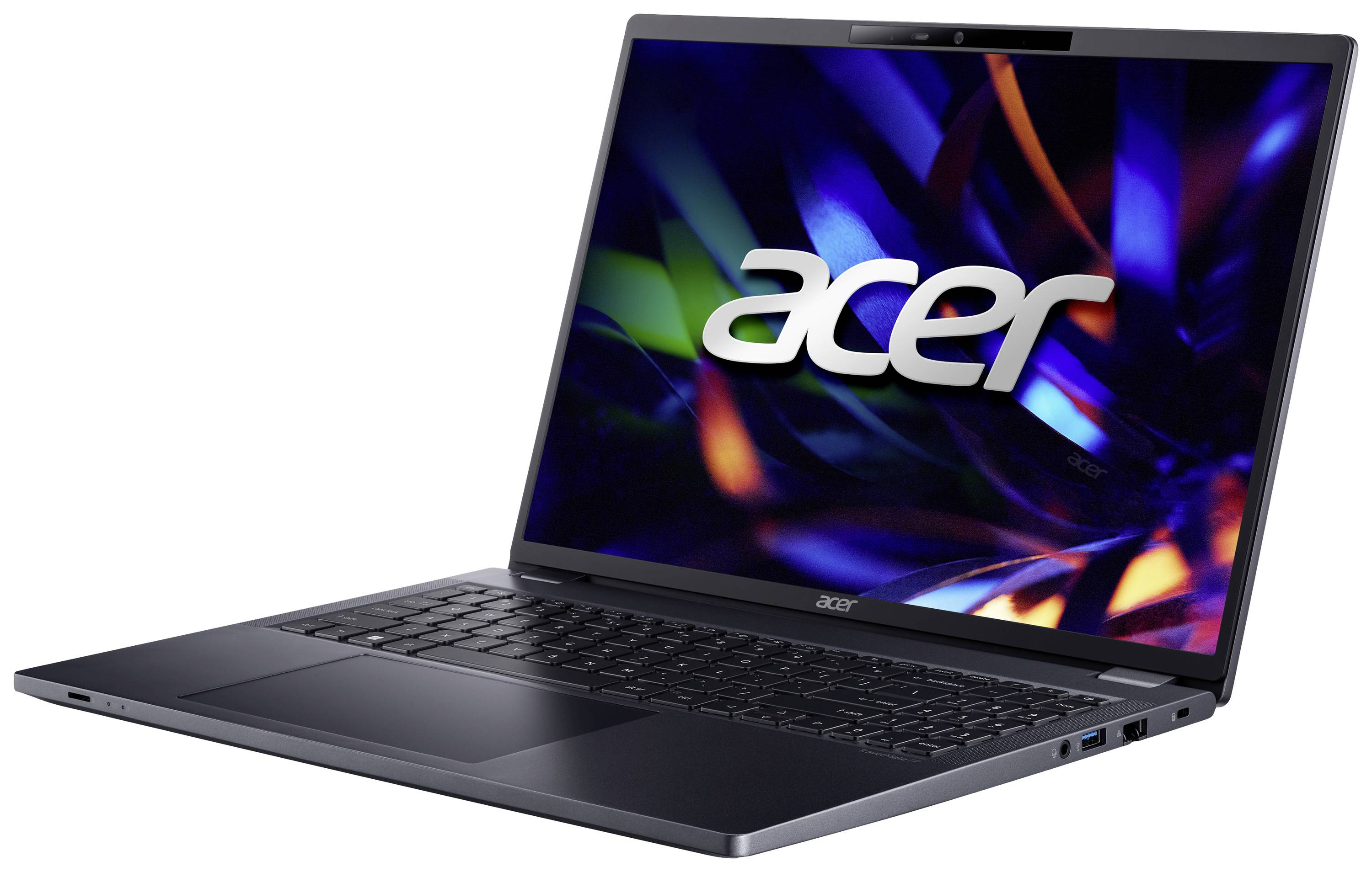 Ein schwarzer Laptop der Marke Acer mit einem leuchtenden Bildschirm, auf dem das Acer-Logo vor einem bunten Hintergrund zu sehen ist.