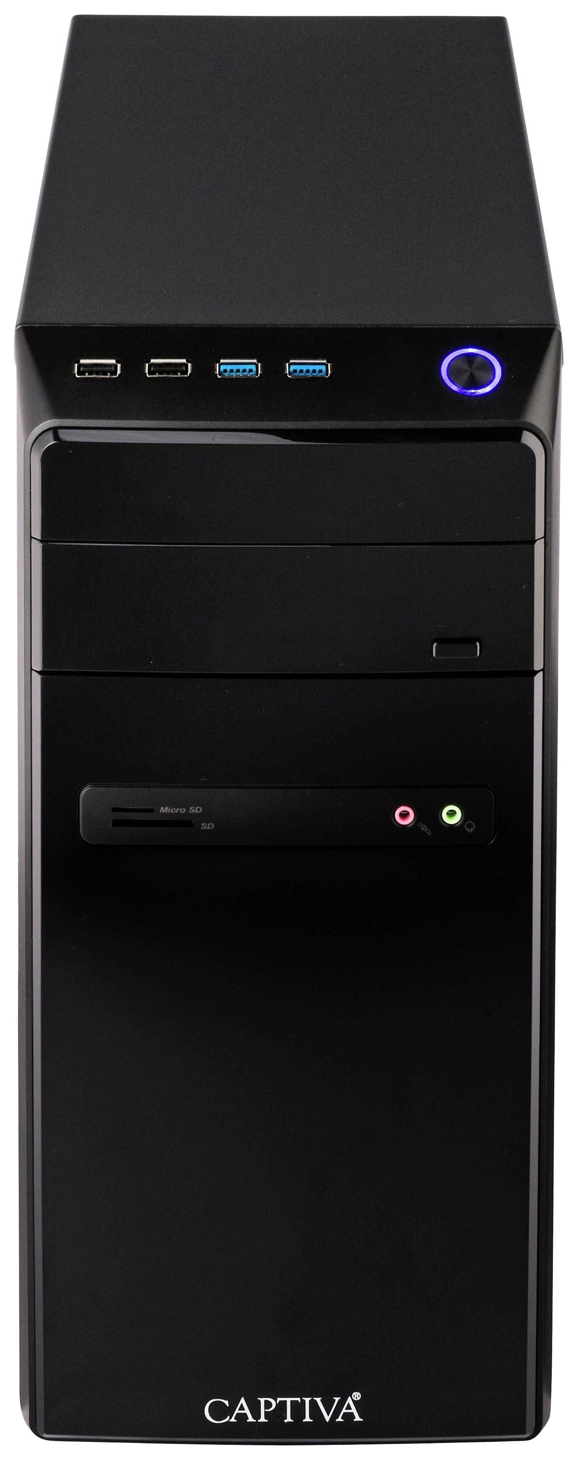Schwarzer Desktop-PC-Tower mit mehreren USB-Anschlüssen und Audioanschlüssen vorne, Marke 