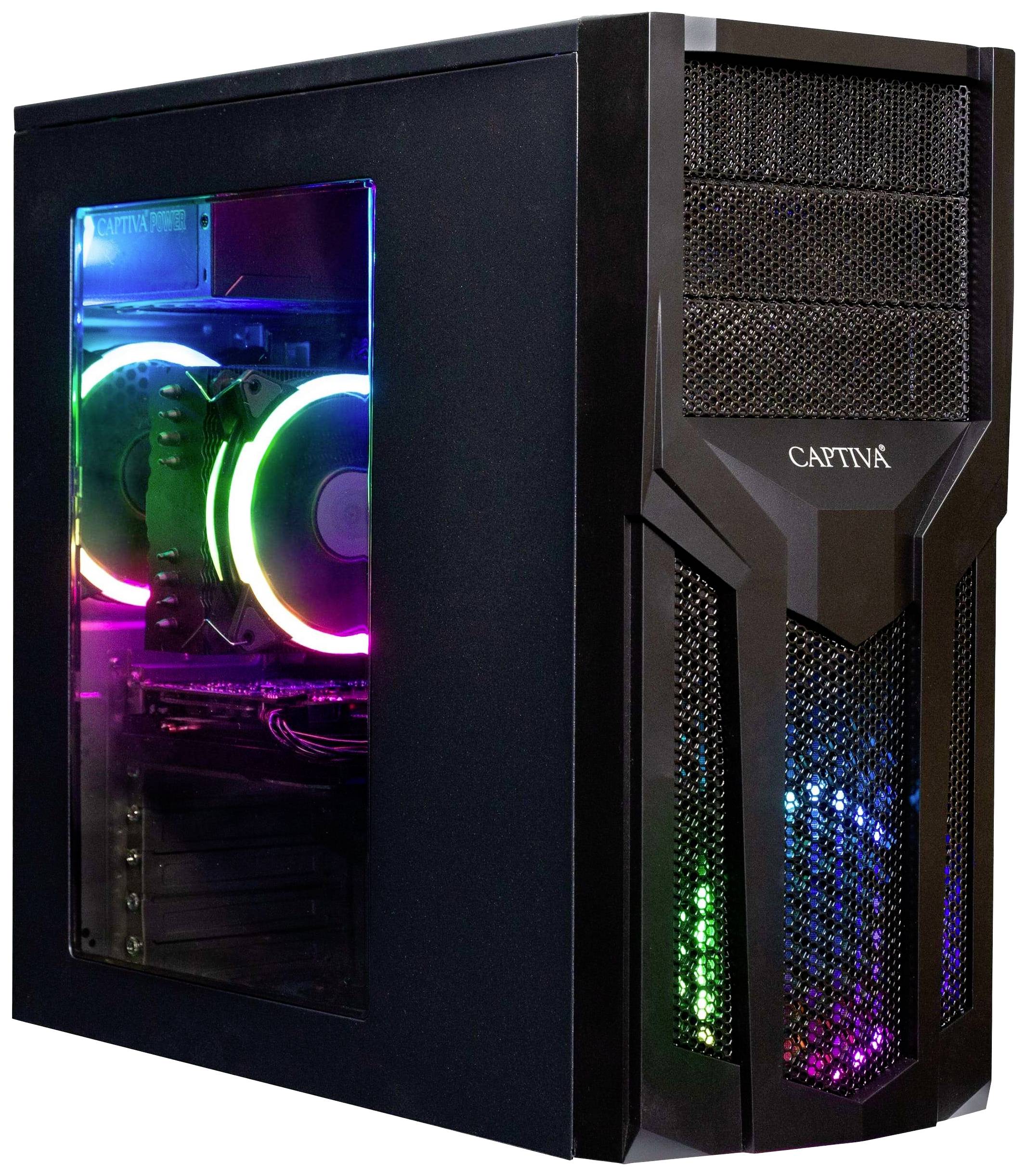 Schwarzes Gaming-PC-Gehäuse mit seitlichem Fenster. Zwei leuchtende Lüfter und RGB-Licht im Inneren erkennbar. Marke 'Captiva'.