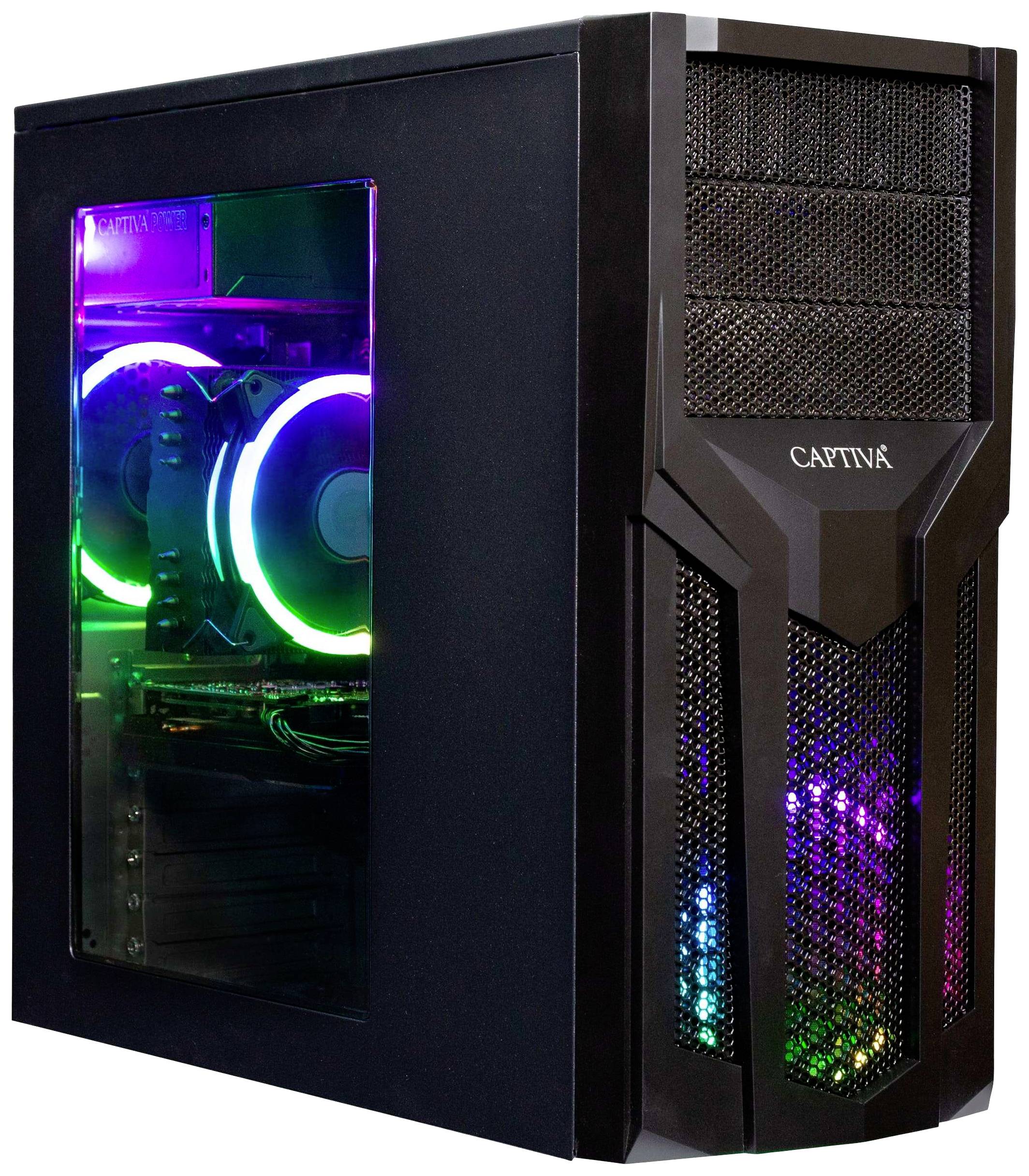 Gaming-Computer mit durchsichtiger Seitenwand, zeigt leuchtende Lüfter in verschiedenen Farben. Die Front hat ein Mesh-Design.