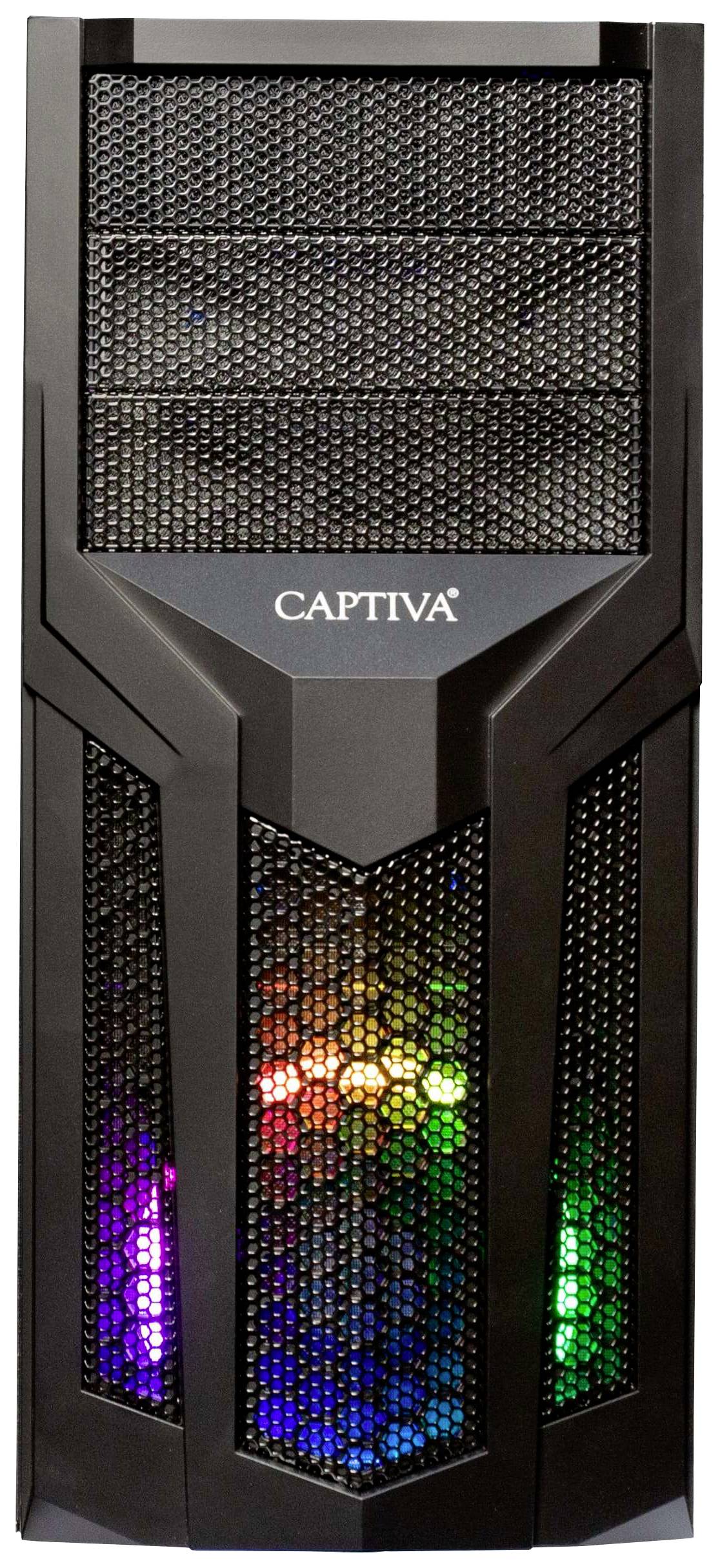 'Captiva' Computergehäuse mit schwarzem Gitterdesign und bunten LED-Lichtern hinter dem Gitter, die einen auffälligen Effekt erzeugen.
