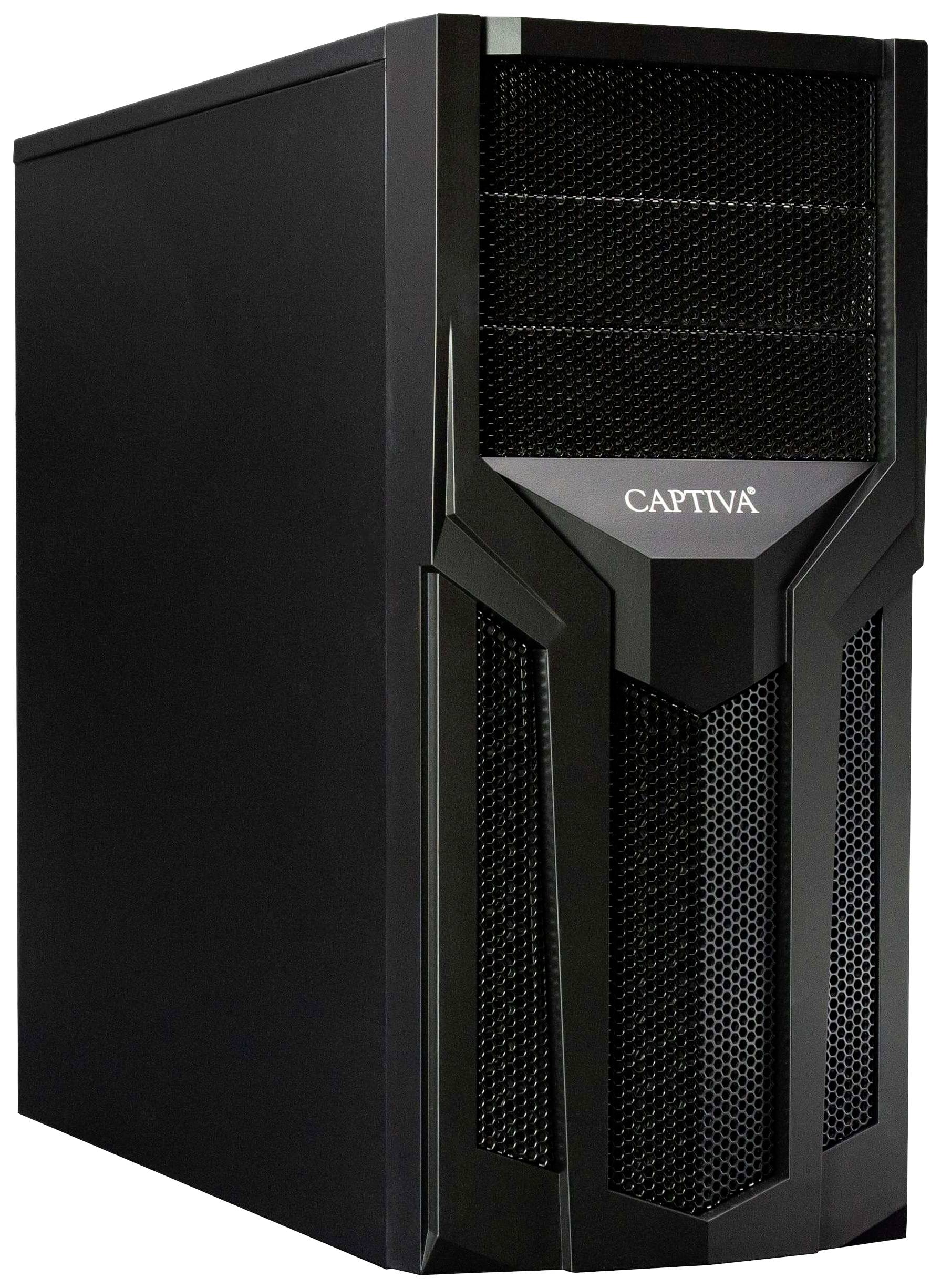 Schwarzes Computergehäuse mit Lüftungsgittern an der Vorderseite und der Aufschrift 'CAPTIVA'.