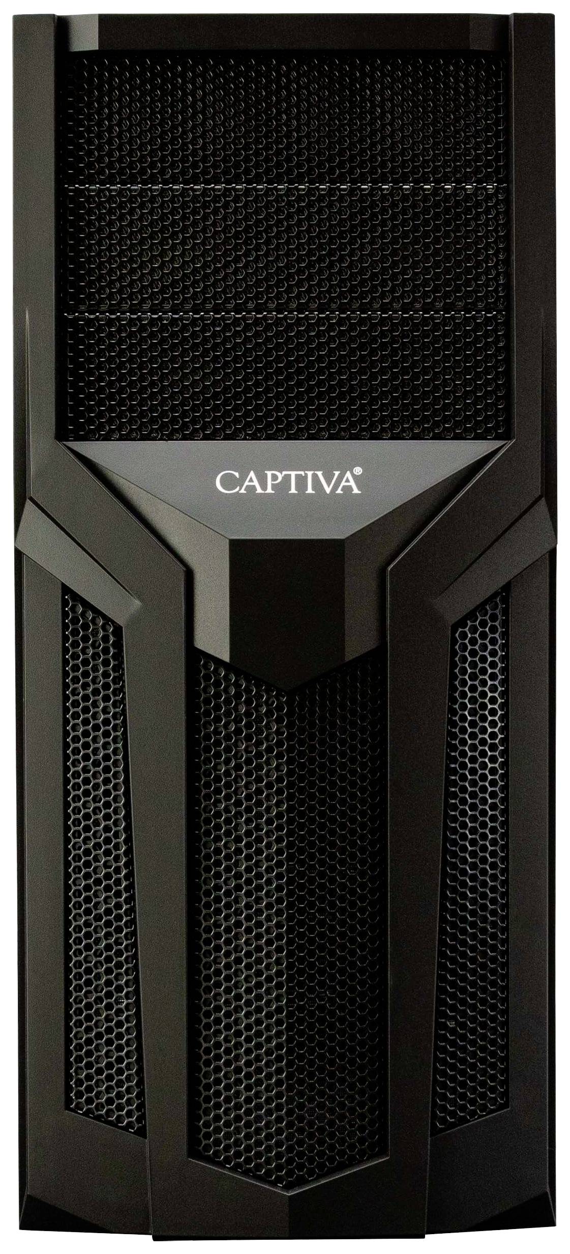 Ein schwarzes Computergehäuse mit dem Logo 'Captiva' auf der Vorderseite, zeigt ein modernes, geometrisches Design.