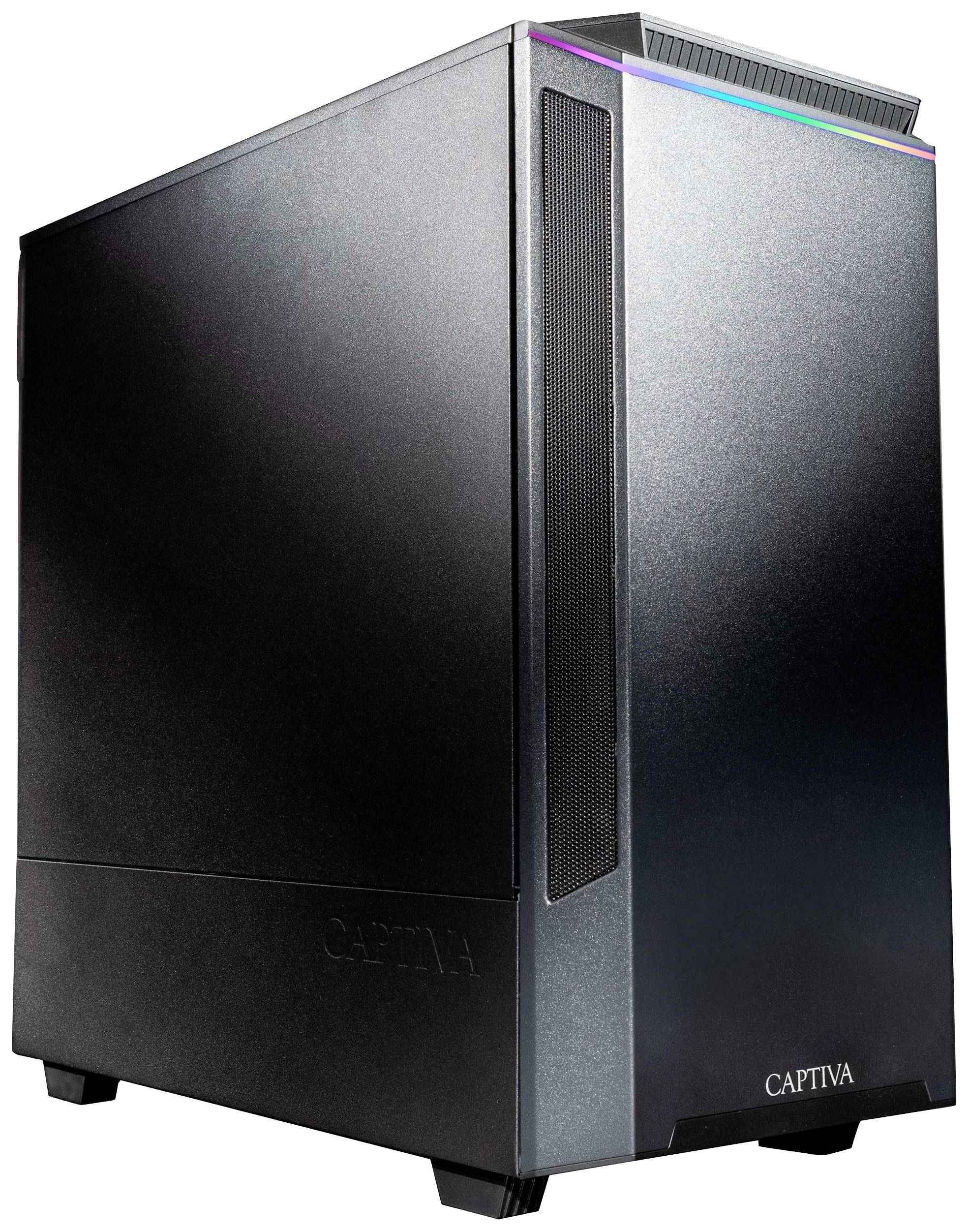 Ein schwarzer Desktop-PC-Tower mit schlichtem Design. Der Gehäusename steht unten rechts.