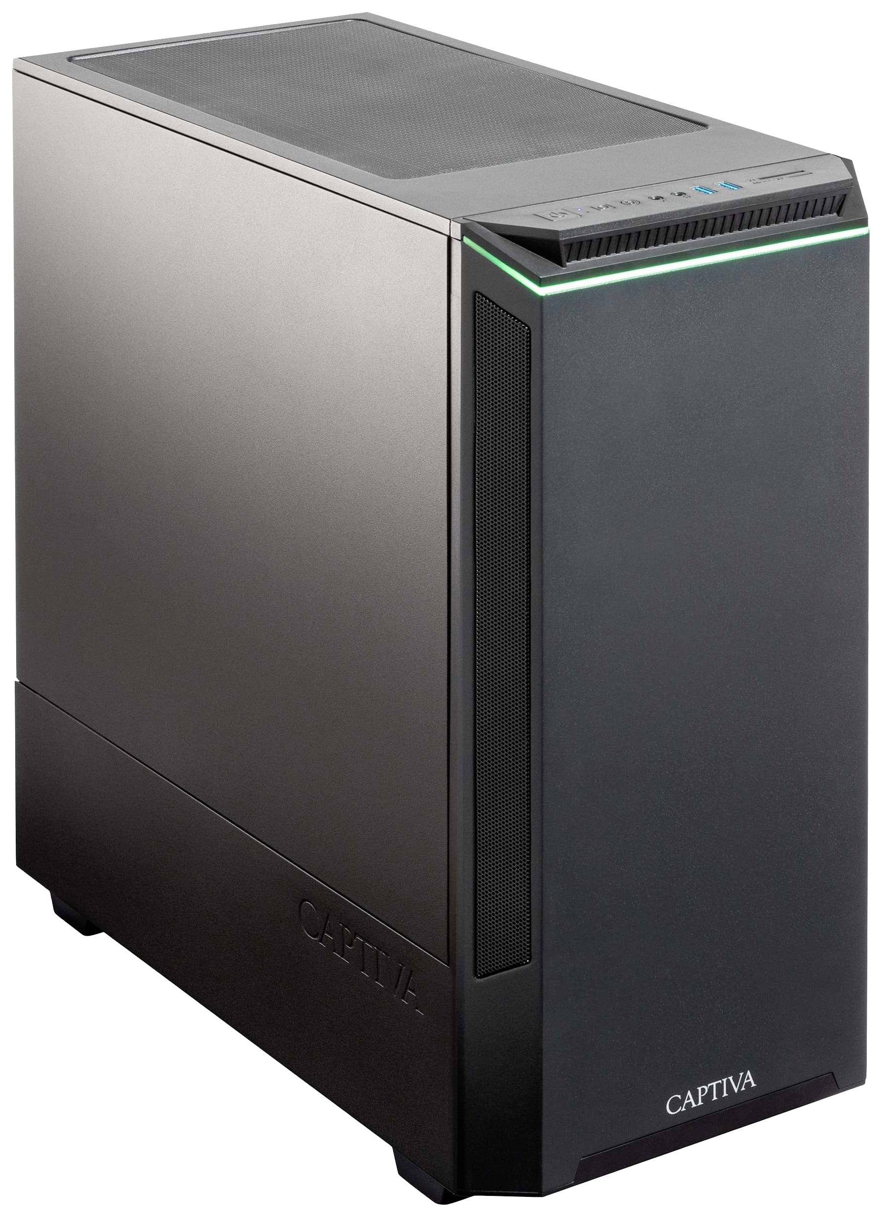 Ein grauer Computertower mit schwarzer Frontseite und grünem LED-Streifen oben. Rechteckiger Stil mit Lüftungsöffnungen an den Seiten.