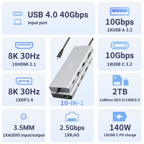 Renkforce USB-C® Dockingstation RF-DKS-905 10-in-1 8K PD 3.1 Passend für Marke Dockingstations: Uni Renkforce USB-C® Dockingstation RF-DKS-905 10-in-1 8K PD 3.1 Passend für Marke Dockingstations: Uni