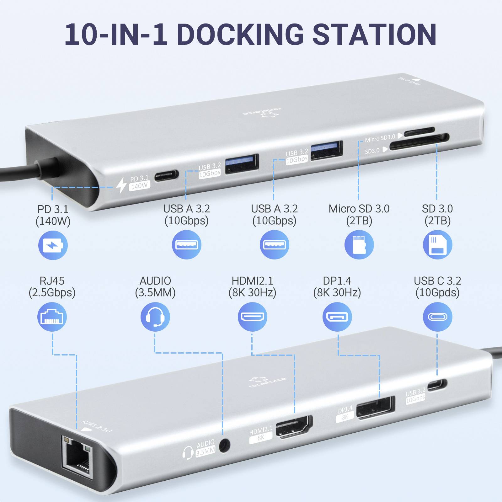 Renkforce USB-C® Dockingstation RF-DKS-905 10-in-1 8K PD 3.1 Passend für Marke Dockingstations: Universal USB-C® Power Delivery