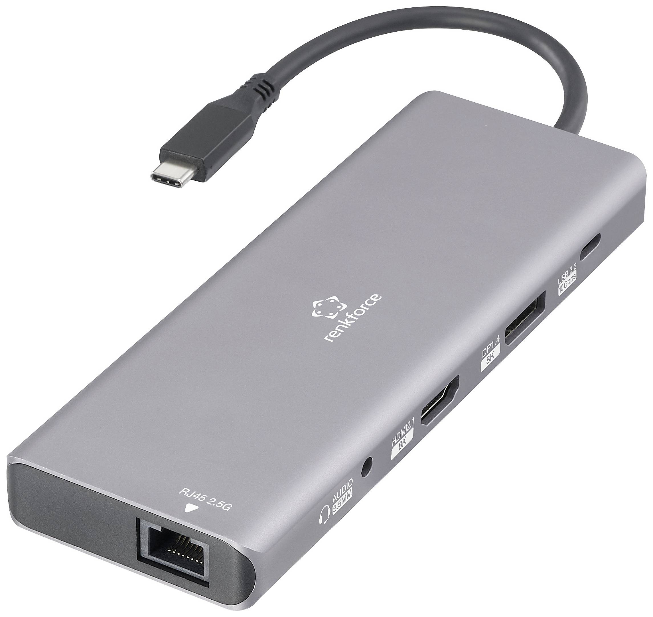 Ein grauer USB-C-Hub mit mehreren Anschlüssen, darunter HDMI, USB-A und ein Ethernet-Anschluss, markiert mit 'renkforce'.