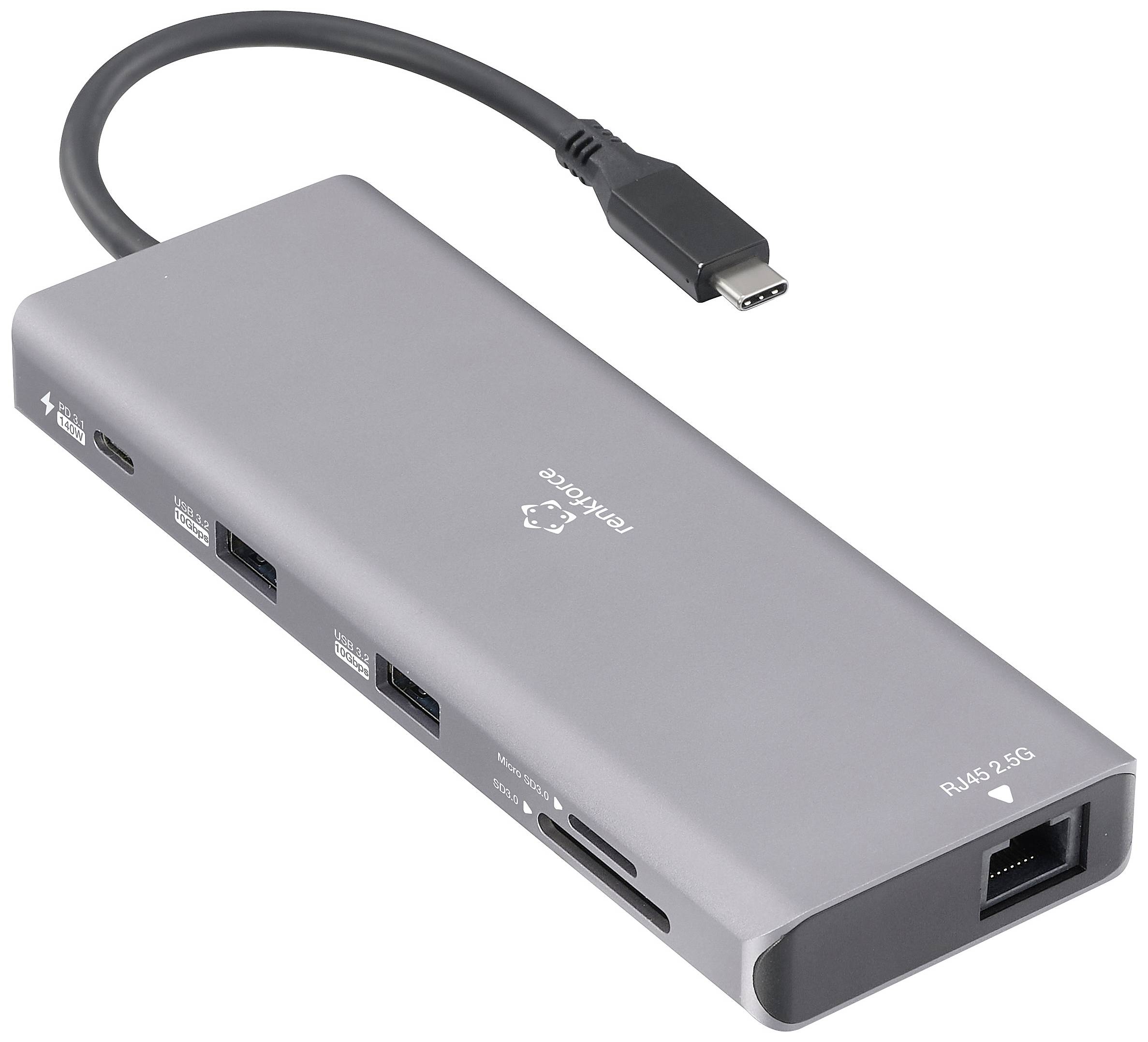 Grauer USB-C-Hub mit mehreren Anschlüssen, darunter USB-A, Ethernet und HDMI. Er dient zur Erweiterung der Anschlussmöglichkeiten eines Computers.
