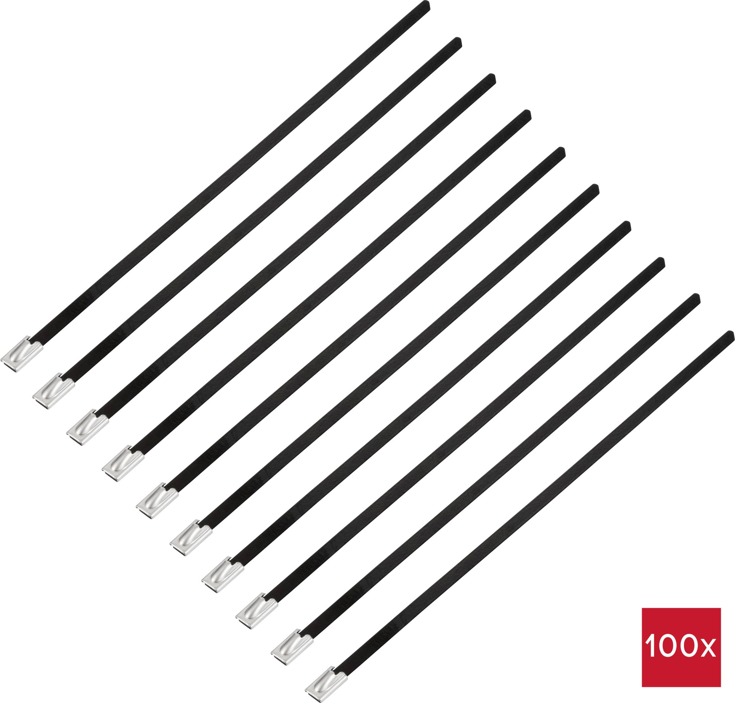 Zehn schwarze Kabelbinder nebeneinander mit silbernen Enden. Unten rechts ist ein rotes Quadrat mit der Aufschrift '100x'.