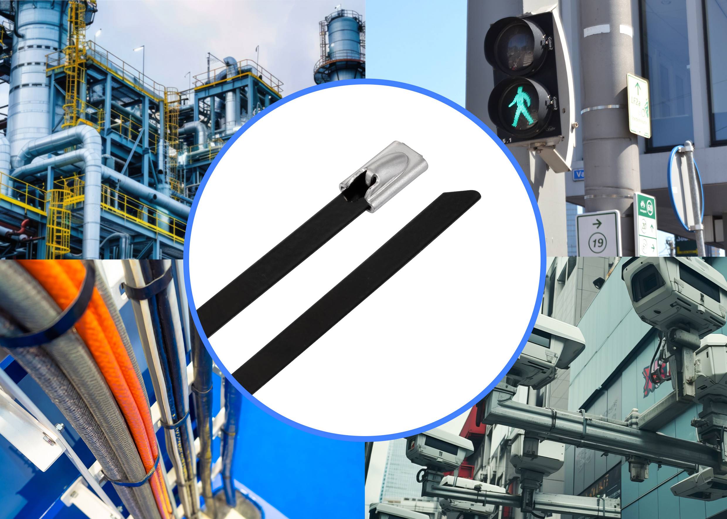 Industrielle Kabelbinder in der Mitte. Oben links: Fabrikgebäude. Oben rechts: Fußgängerampel. Unten links: Kabel. Unten rechts: Sicherheitskameras.