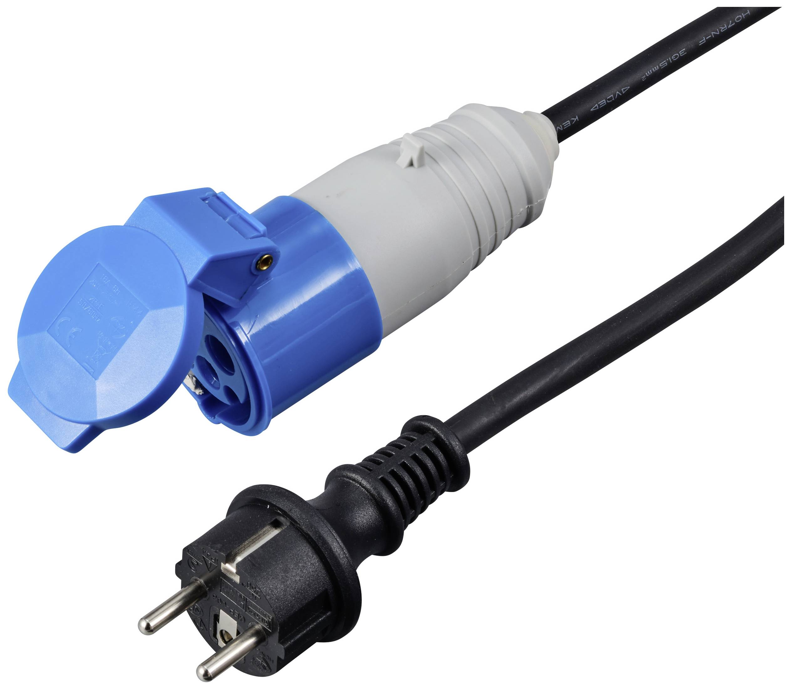 Ein schwarzer Schuko-Stecker und eine blaue CEE-Kupplung sind durch ein Kabel verbunden, für Stromversorgungslösungen geeignet.