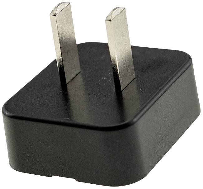 Nahaufnahme eines schwarzen Steckernetzteils mit zwei flachen Metallstiften, geeignet für eine Steckdose in Nordamerika.