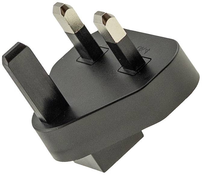 Dreipoliger UK-Stecker, schwarz, mit rechteckigen Stiften.