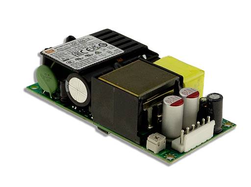 Elektronische Leiterplatte mit mehreren Komponenten, darunter Kondensatoren, Widerstände und Transformator. Markiert mit technischen Spezifikationen.