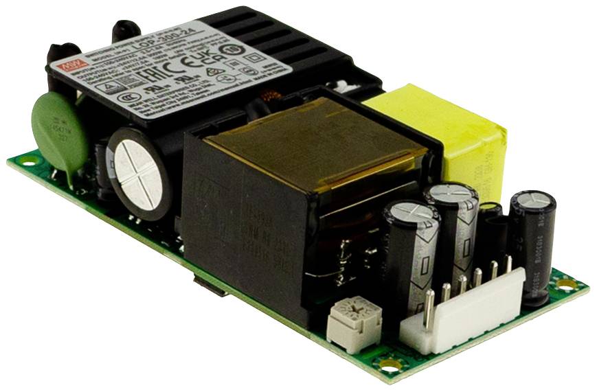 Leiterplatte mit elektronischen Bauteilen, darunter Transformator, Kondensatoren und Anschlusspins. Verwendet zur Stromversorgung.