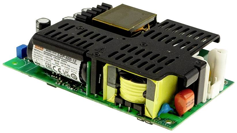 Eine elektronische Leiterplatte mit verschiedenen Komponenten, darunter Spulen und Kondensatoren, dient als Netzteilmodul.
