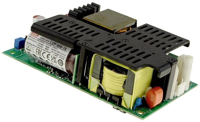 Ein offenes elektronisches Netzteil mit sichtbaren Kondensatoren, Spulen und Kühlkörpern. Eindeutige Kabelanschlüsse auf einer Leiterplatte.