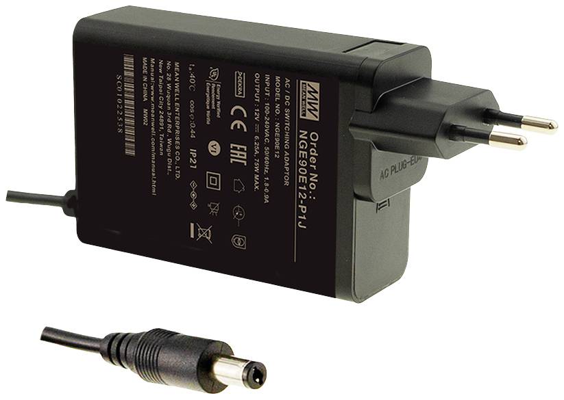 Schwarzes Netzteil mit einem Eurostecker und einem runden DC-Ausgangskabel. Eignet sich zum Laden elektronischer Geräte.