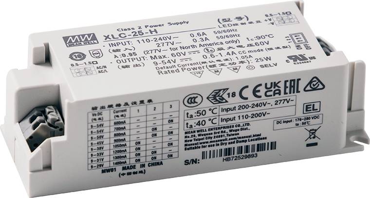 Elektronischer LED-Treiber mit Modellnummer 'XLC-25-H', Eingang 100-240V, Ausgang 10-54V bei 700mA, gezeigte technische Spezifikationen.