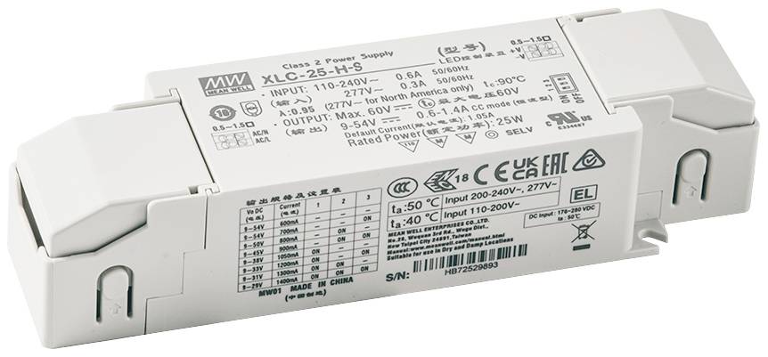 Netzteil XLC-26-H-S mit Eingangsbereich 110-240V und Ausgang 42-52V für LED-Anwendungen. Technische Daten und Sicherheitszertifikate aufgedruckt.