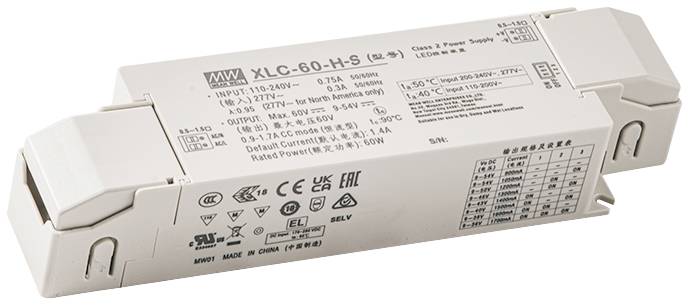 Ein rechteckiges LED-Netzteil mit Beschriftungen zu Eingang und Ausgang, Modell 'XLC-60-H-S', von 110-240V, maximal 60W Leistung.