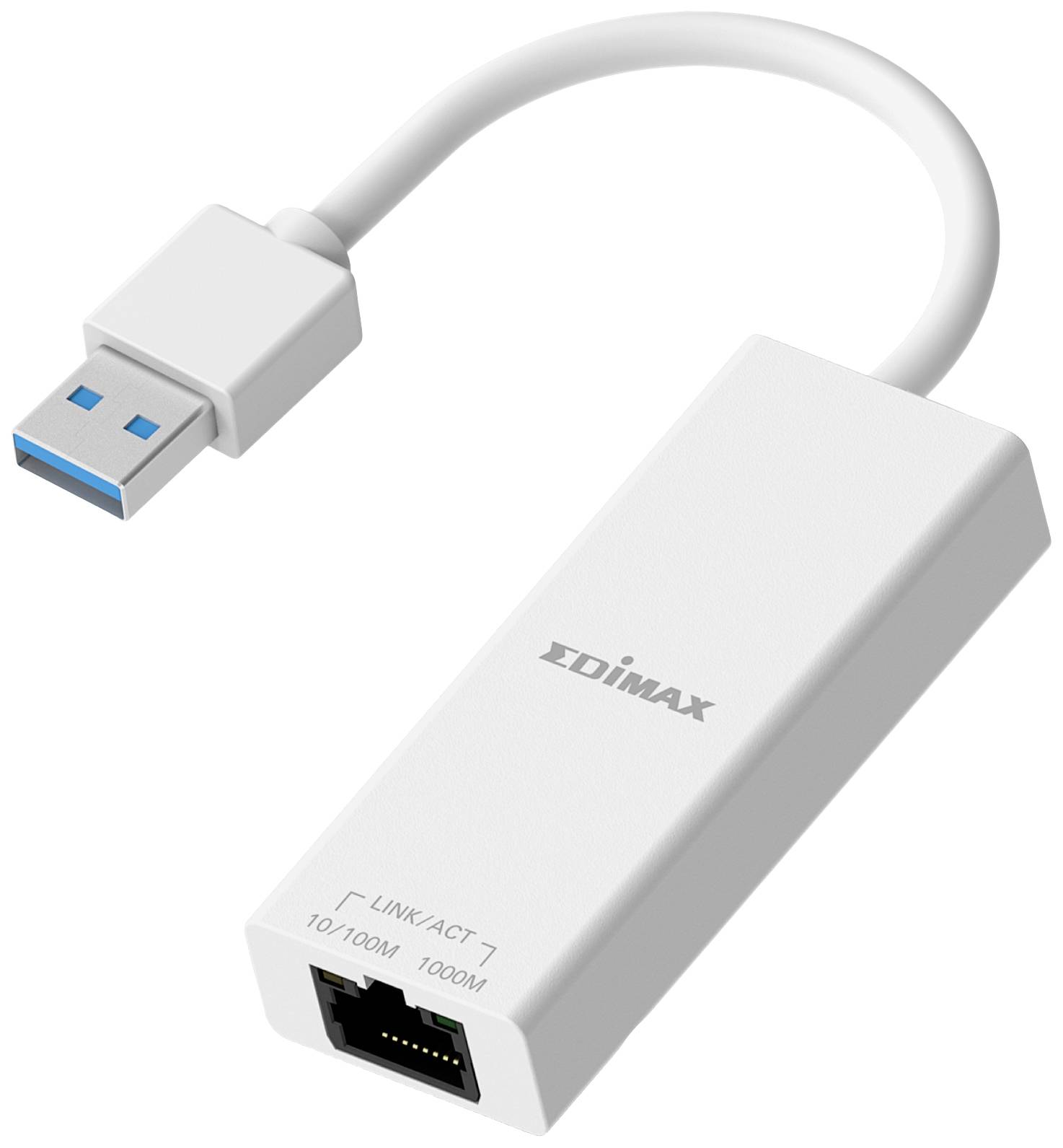 USB-3.0-zu-Ethernet-Adapter in Weiß, mit Edimax-Logo, einem USB-A-Stecker und einem Ethernet-Port. Unterstützt 10/100/1000 Mbps.