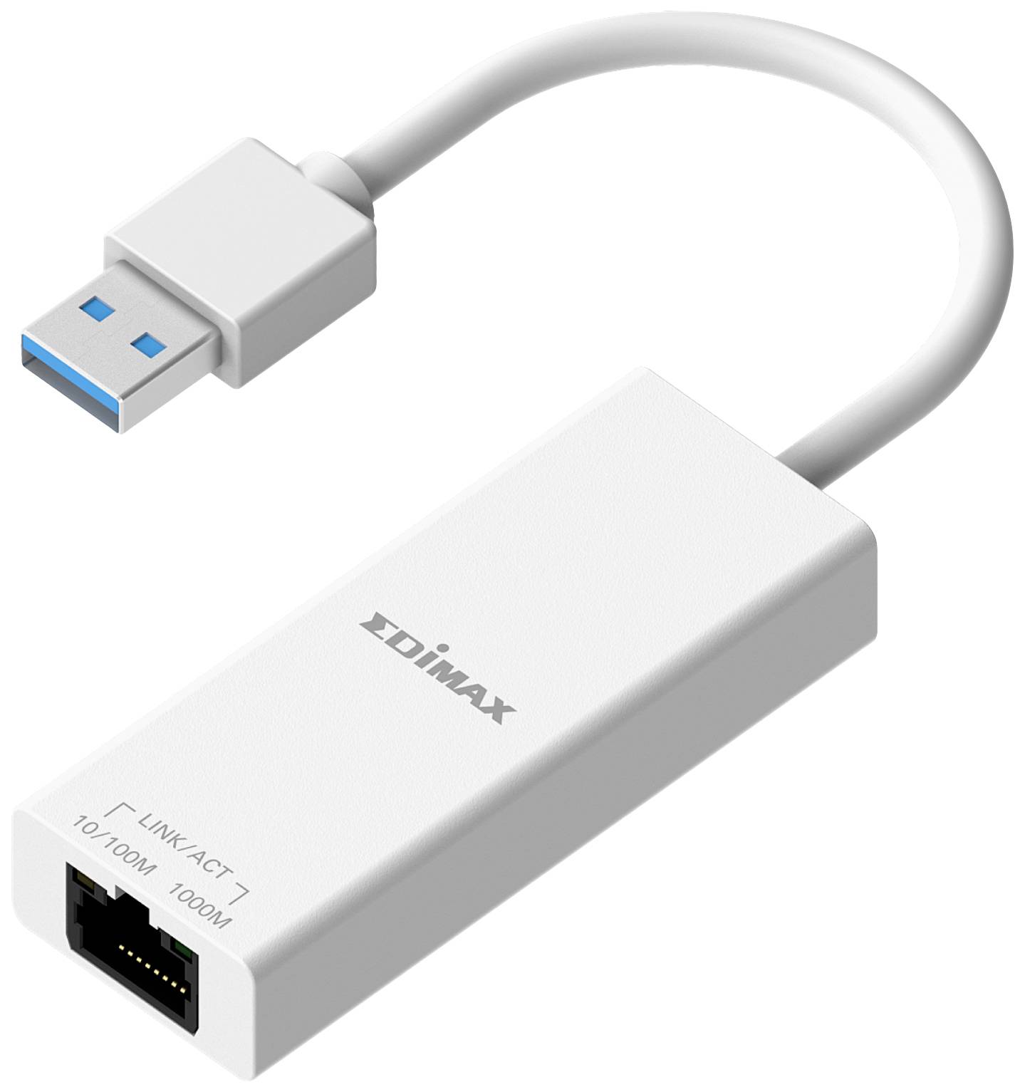 Ein USB-3.0-zu-Ethernet-Adapter von Edimax mit weißem Gehäuse, geeignet zum Verbinden von Geräten mit einem kabelgebundenen Netzwerk.