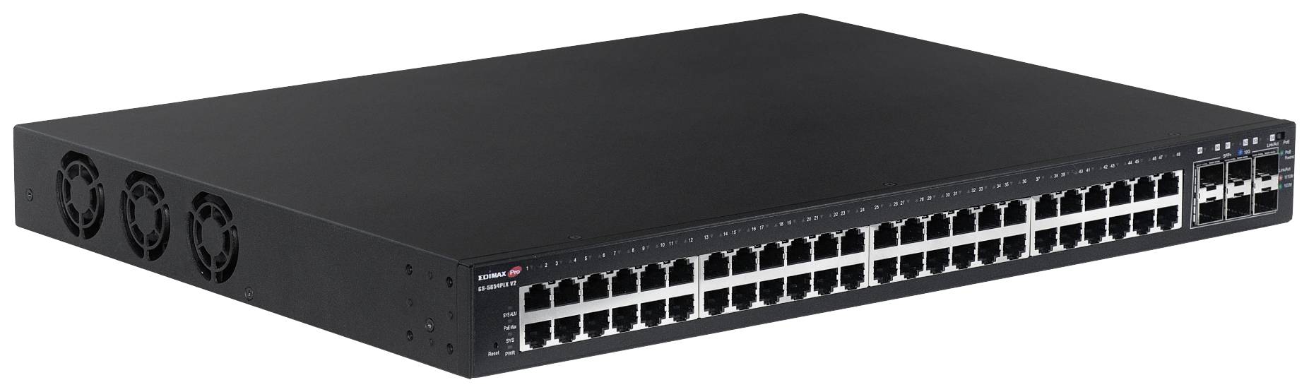 Ein schwarzer Netzwerk-Switch mit mehreren Ethernet-Ports auf der Vorderseite.