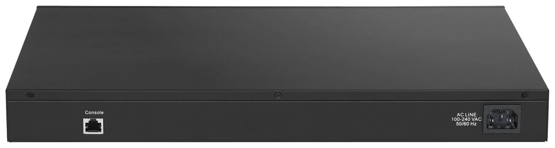Ein schwarzes Netzwerkgerät von vorne mit einem Konsolenanschluss und einem Netzkabelanschluss auf der Rückseite.