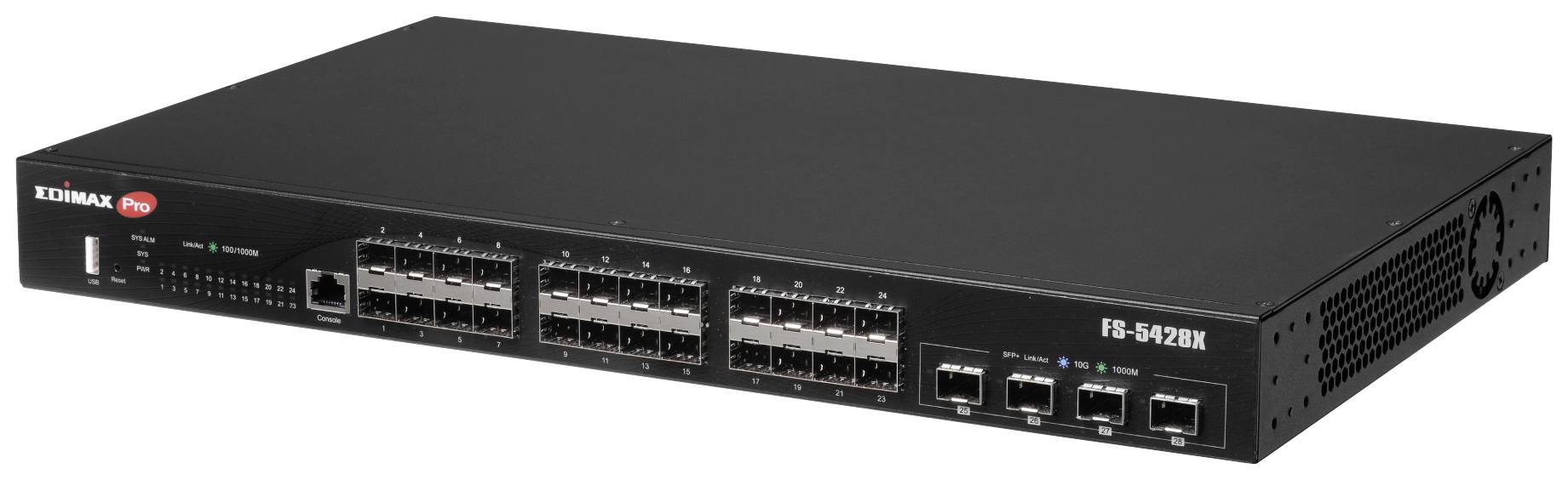 Netzwerk-Switch mit mehreren Ethernet-Ports und schwarzem Gehäuse, geeignet für Datenverteilung in IT-Infrastrukturen.