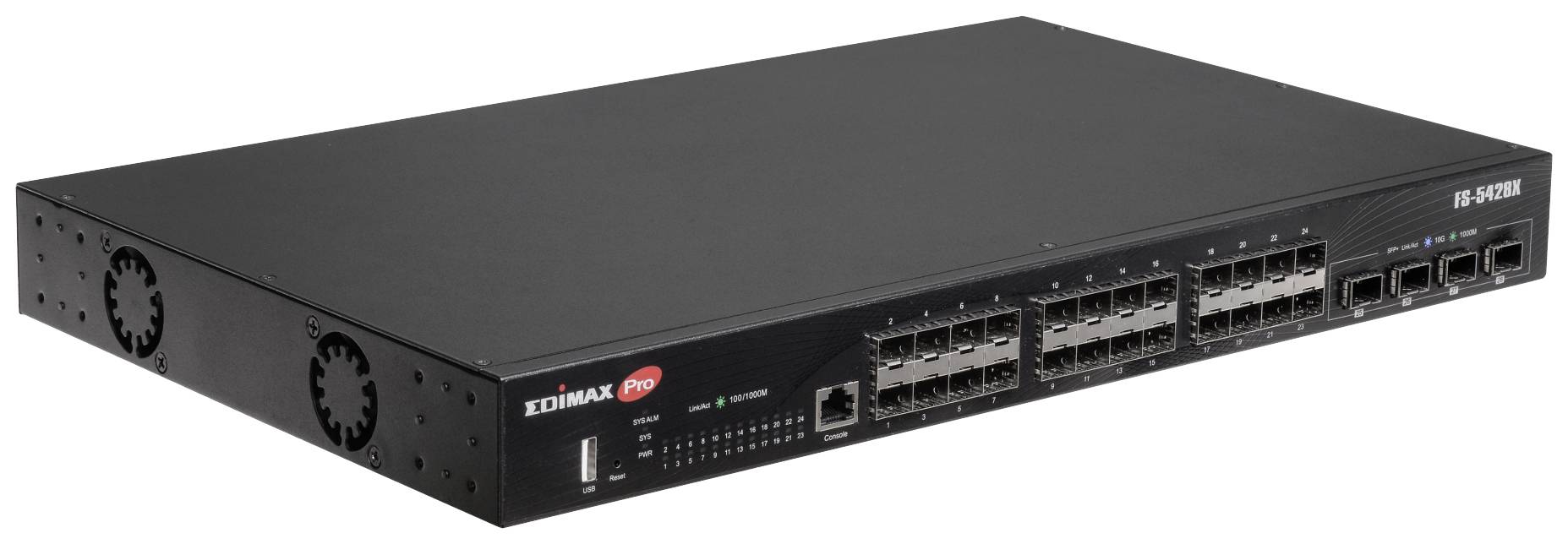 Ein schwarzer Netzwerk-Switch mit mehreren Ethernet-Ports und LED-Anzeigen auf der Vorderseite, geeignet für Server-Racks.
