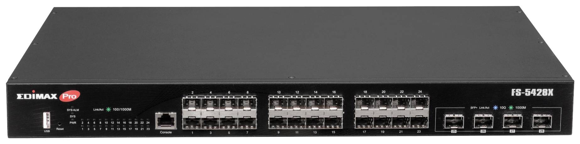 Ein schwarzer Netzwerk-Switch mit mehreren Ethernet-Ports und Anzeigen auf der Vorderseite. Markiert mit 'Edimax Pro' und Modell 'GS-5424PX'.