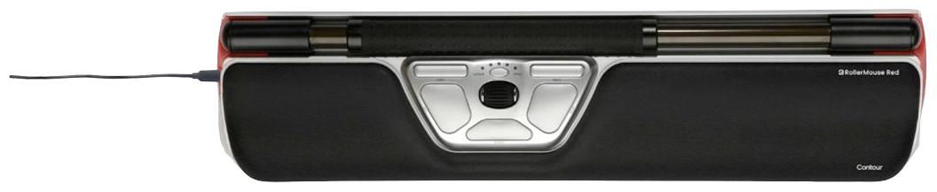 Roller Mouse mit Kabel, schwarz und silber, ergonomisches Design, flaches Profil, zentrales Steuerelement mit Scrollrad.